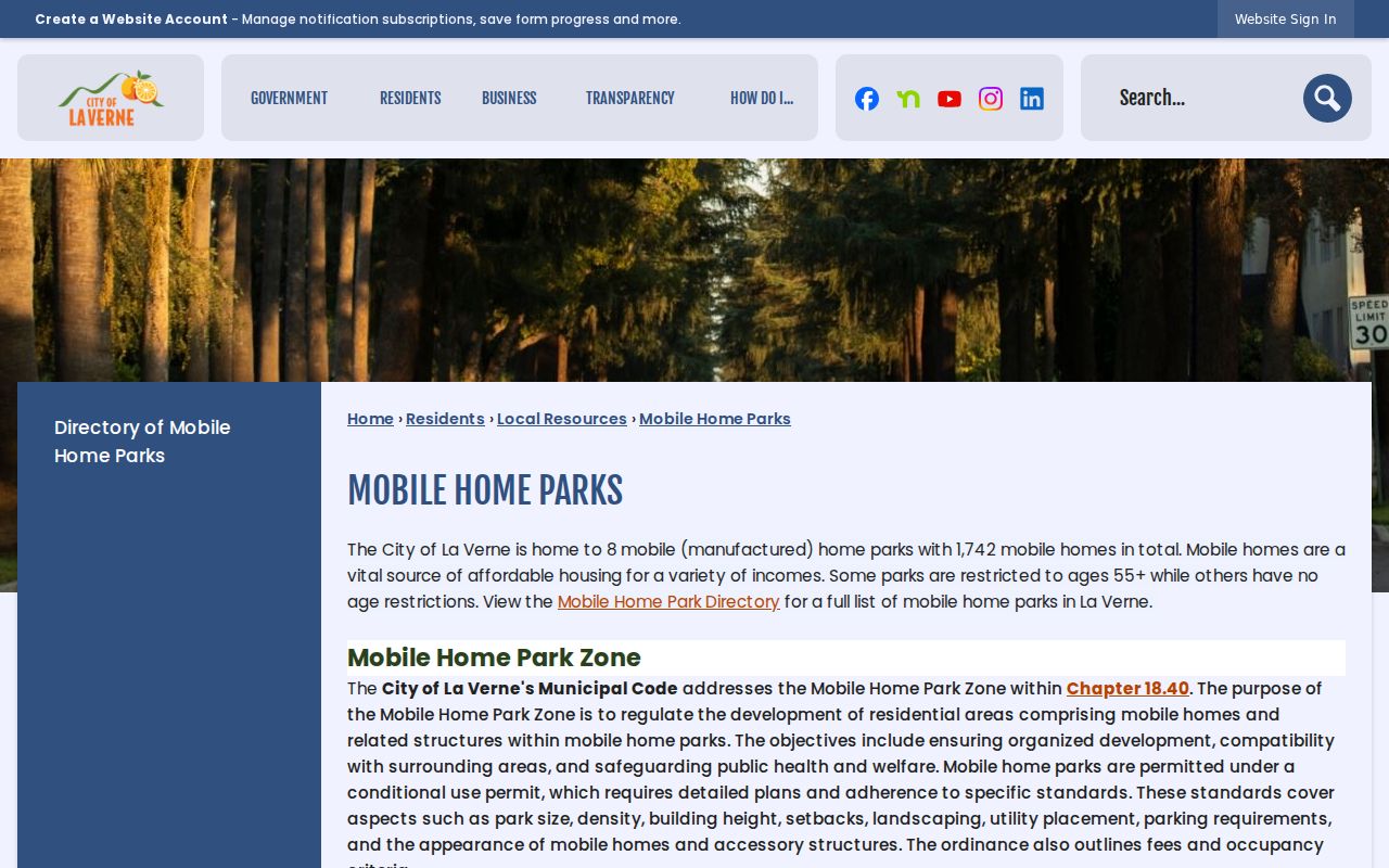 La Verne city directory view of the city's mobile-home park community directory