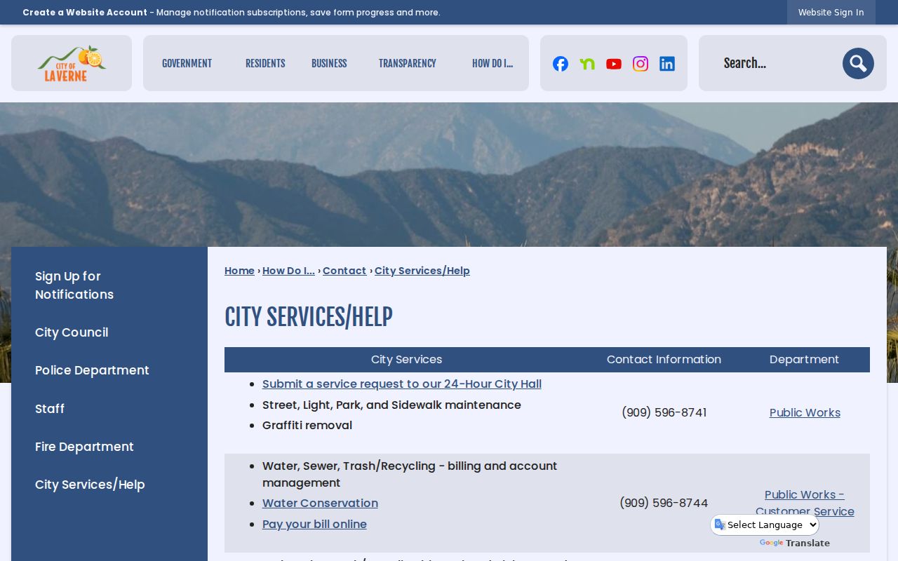 La Verne residents directory view of the official La Verne city records gateway