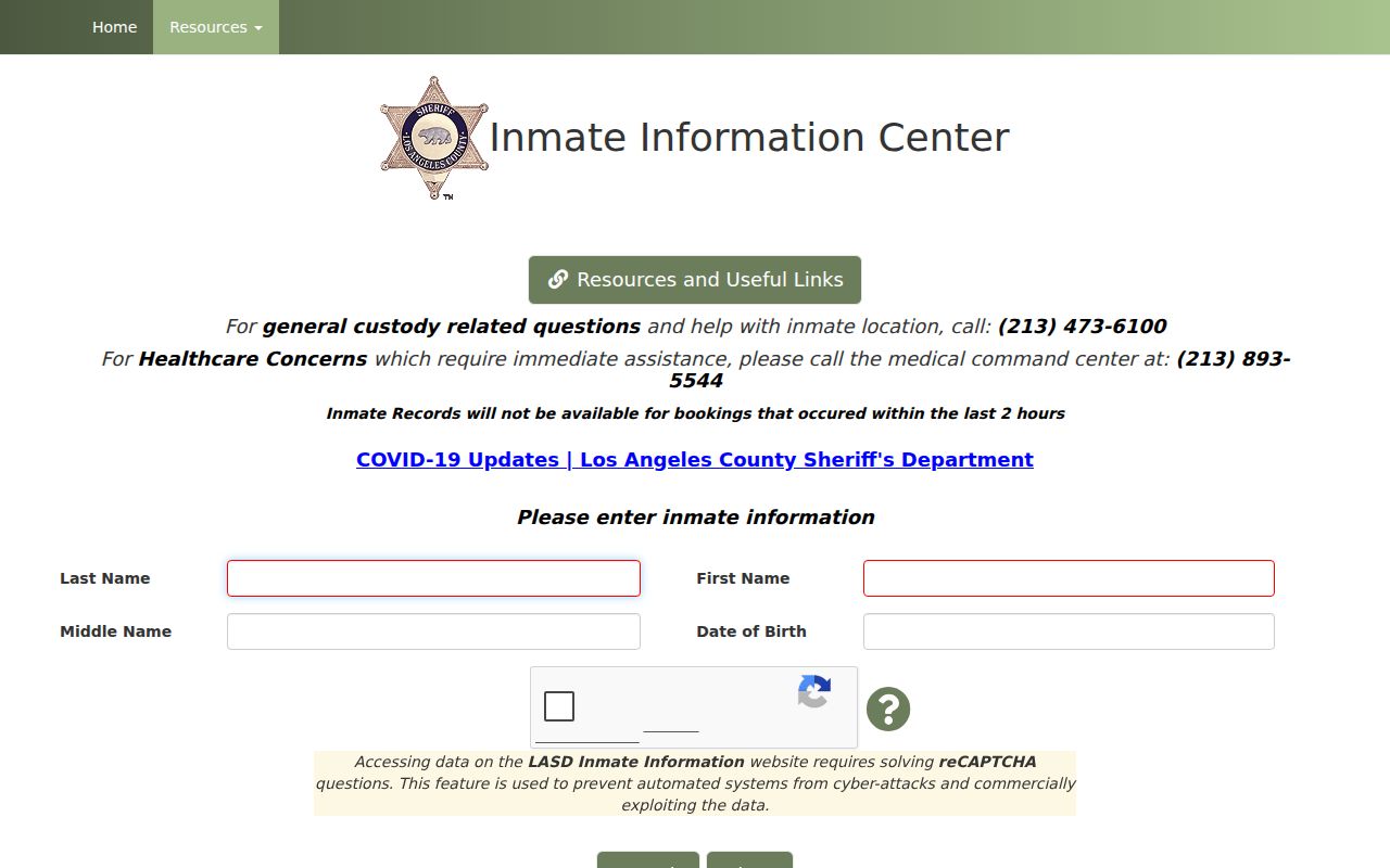 La Verne residents directory view of the Los Angeles County inmate information search