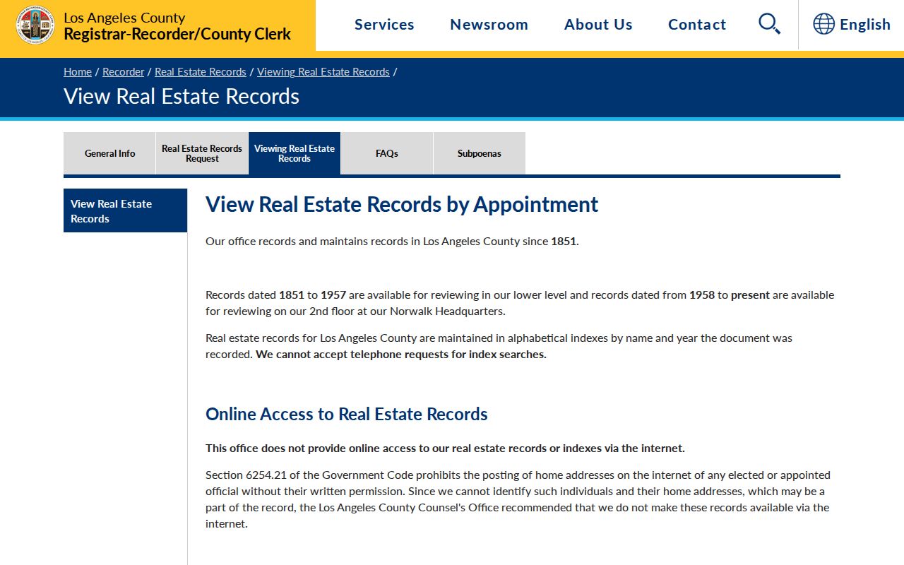 La Verne residents directory view of the Los Angeles County recorder real-estate index access page