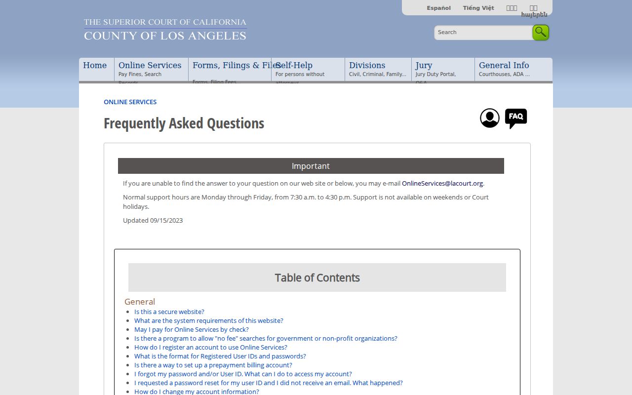 La Verne resident lookup view of Los Angeles Superior Court search fields and coverage rules