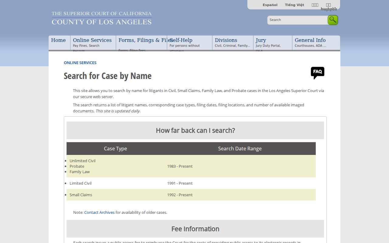 La Verne resident lookup view of the Los Angeles Superior Court civil party-name search