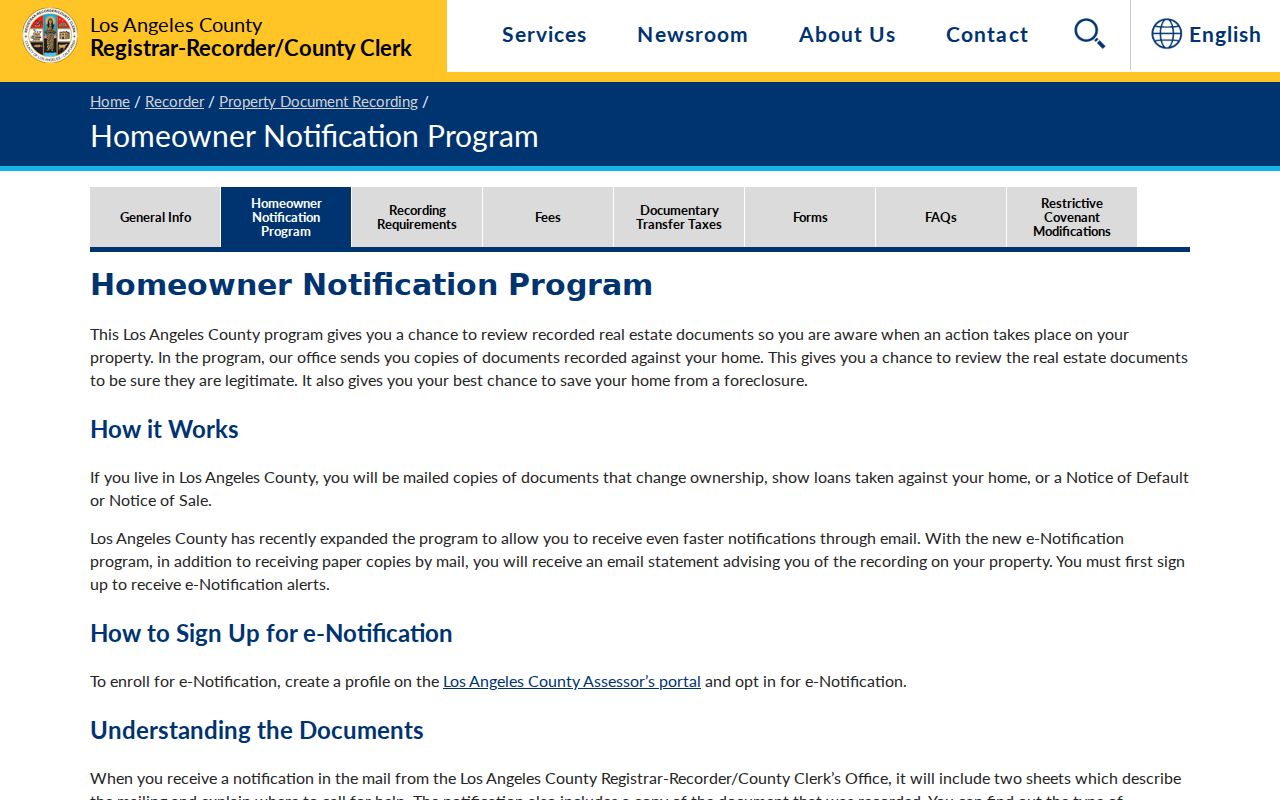 La Verne street directory view of the county property document notification program
