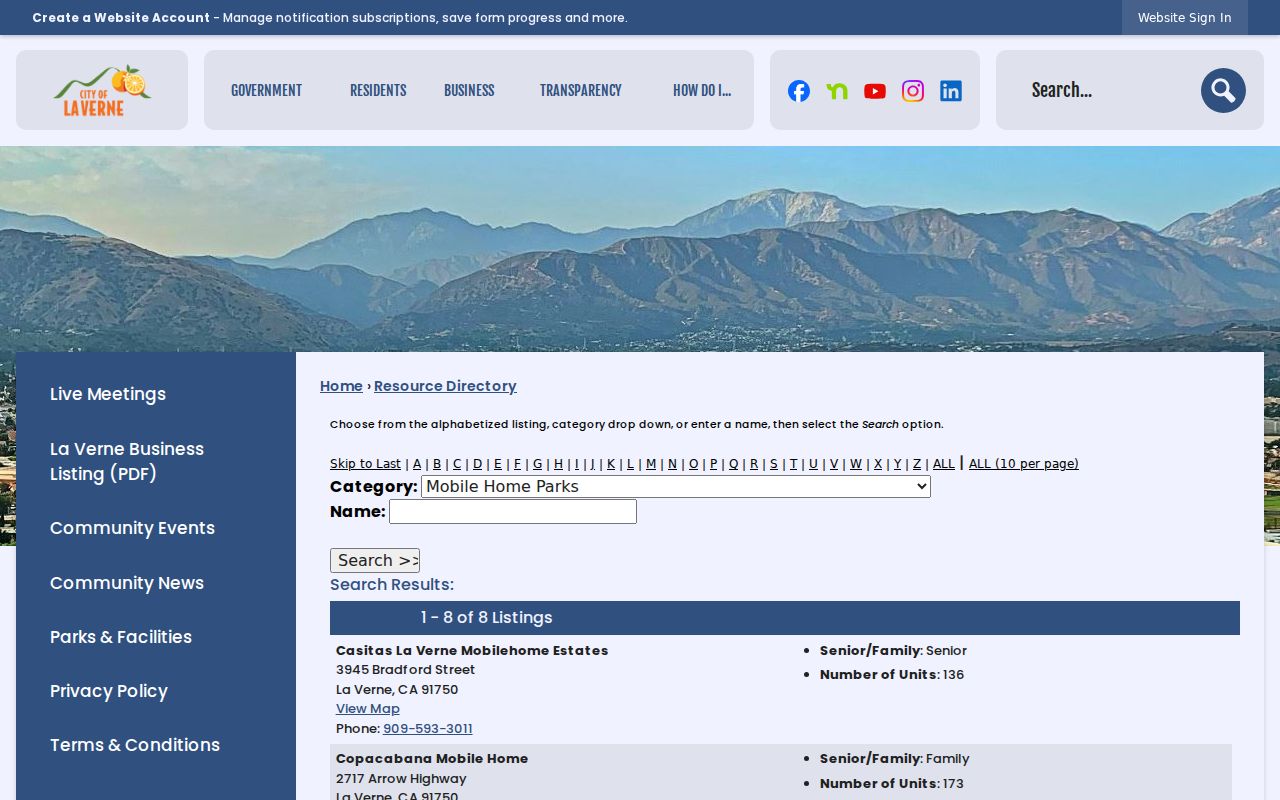 La Verne street directory view of the city mobile-home park directory