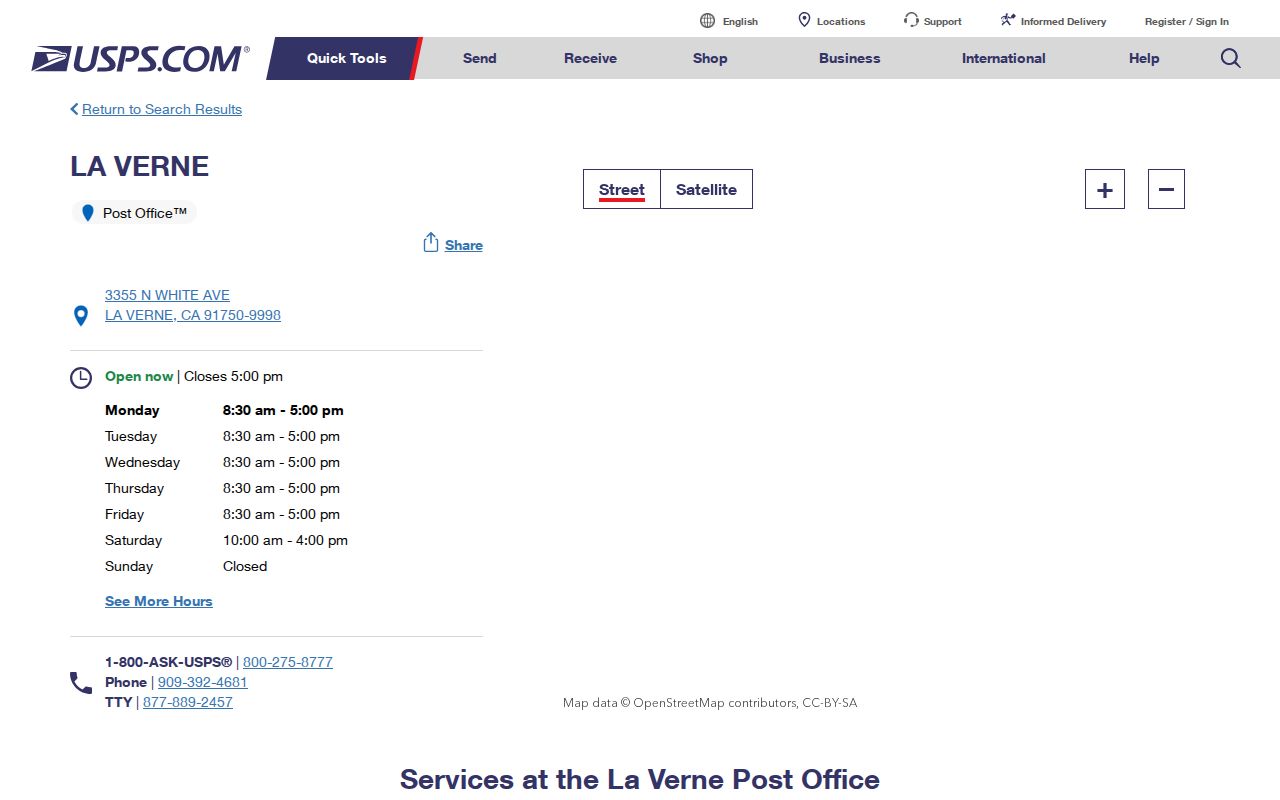 La Verne ZIP code directory view of the 91750 La Verne Post Office facility